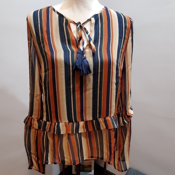 Tan Blue Stripe Bell Sleeve Top - Picture 2 of 5